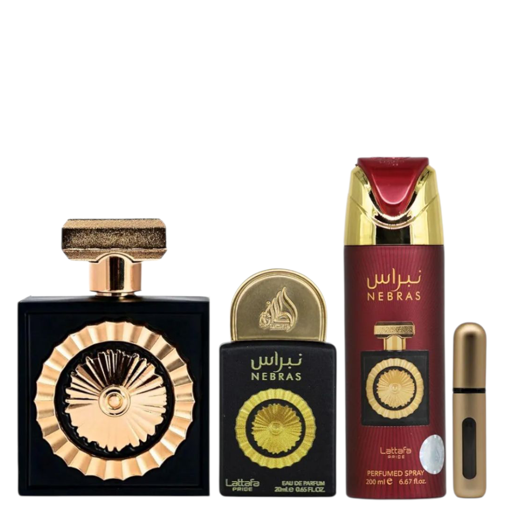 Lattafa Nebras caseta cadou parfum arabesc dama 4 piese Lattafa Nebras caseta cadou parfum arabesc dama 4 piese
