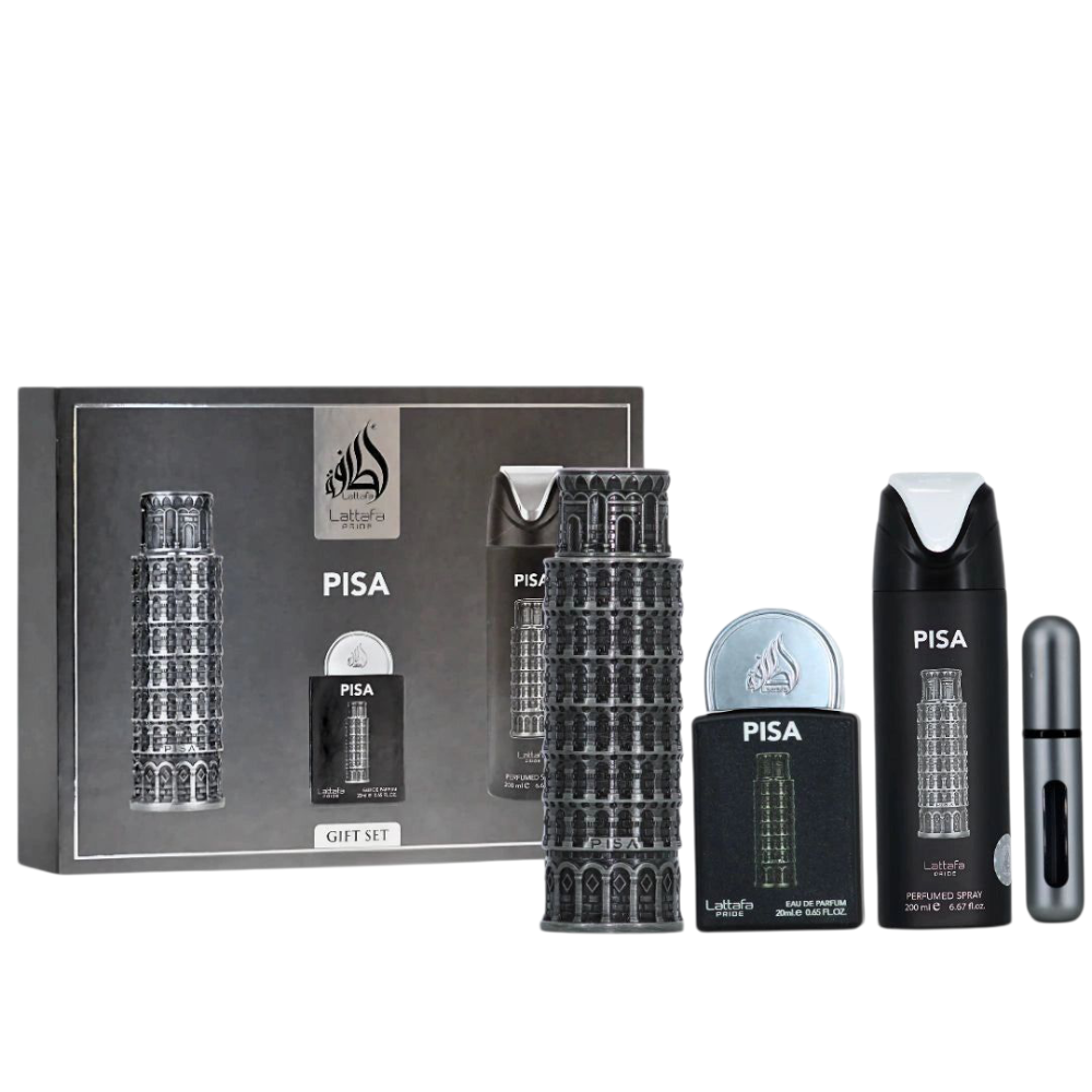 Lattafa Pisa set cadou parfum arabesc barbati 4 piese
