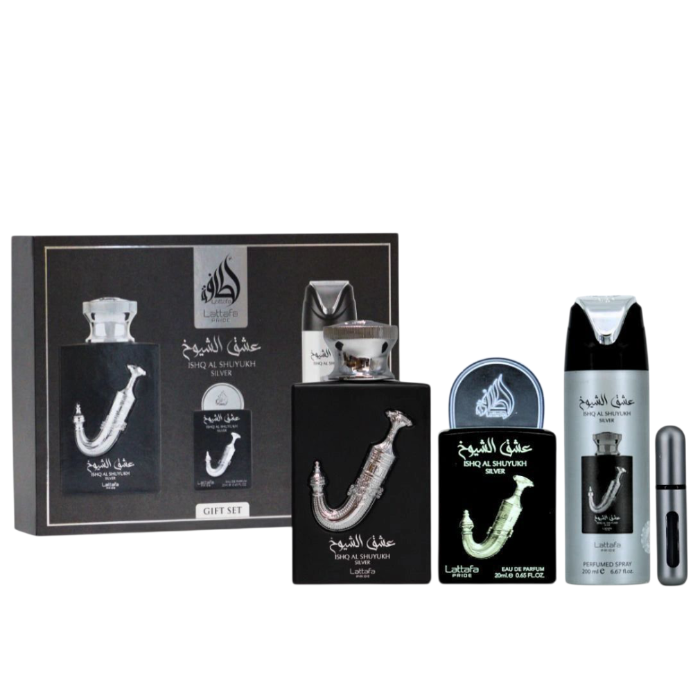 Lattafa Pride Ishq Al Shuyukh Silver caseta cadou 4 piese barbati